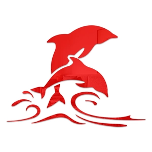 Close-up of red acrylic dolphin wall sticker with mirror surface and splash details