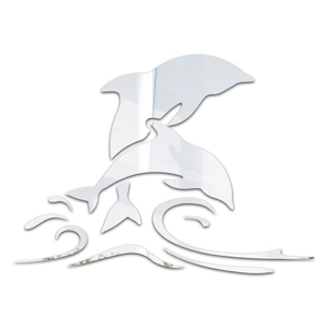 Macro shot of silver 3D dolphin mirror wall stickers with high reflective surface texture