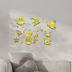 3D gold acrylic mirror wall stickers with marine animals for home decoration