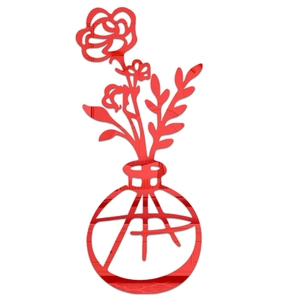 Detail of red acrylic 3D mirror wall sticker featuring a blooming rose flower vase design