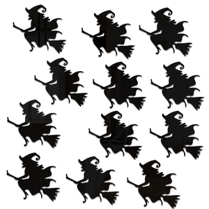 Set of 12 black 3D acrylic mirror wall stickers featuring Halloween witch silhouettes