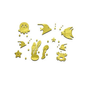 Macro view of gold acrylic mirror 3D ocean wall stickers featuring octopus and fish