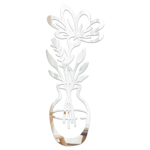 Detail of 3D acrylic mirror wall sticker featuring a floral vase design with silver finish