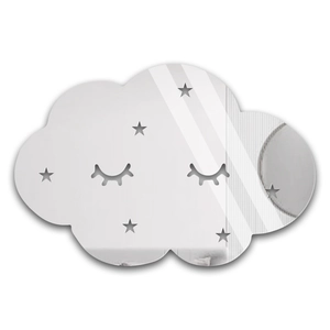 Close-up of a silver cloud-shaped acrylic wall mirror with star and eyelash print