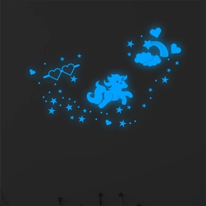 Adesivi da parete unicorno blu luminosi con stelle e arcobaleno per cameretta dei bambini