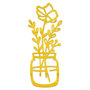 Detail of yellow acrylic mirror wall sticker with minimalist 3D flower vase design