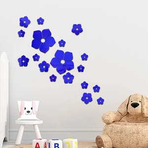 Stickers muraux 3D fleurs bleues en acrylique miroir pour décoration de salon moderne