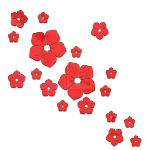 Vue détaillée de fleurs 3D autocollantes en acrylique rouge brillant de tailles variées