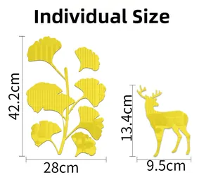 Size chart showing 3D acrylic ginkgo leaves and deer wall sticker dimensions in cm