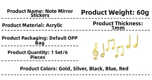 Detail of 1mm thick acrylic music note mirror wall stickers with size and material specs