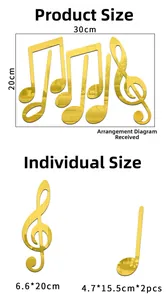 Size chart showing 3D acrylic musical notes wall stickers dimensions in gold mirror finish