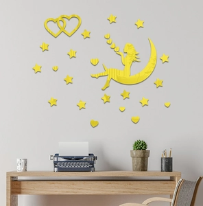 Golden 3D acrylic mirror wall sticker featuring a girl on moon with stars for home decor