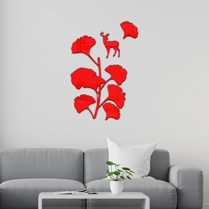 Modern 3D acrylic red ginkgo leaves and deer mirror wall sticker for living room decor