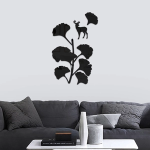 Modern 3D black acrylic ginkgo leaf and forest deer wall art sticker for home decor