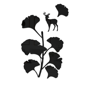Modern 3D black acrylic ginkgo leaf and deer mirror wall stickers for home decor