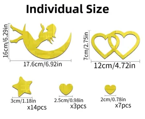 Detailed size guide for gold mirror acrylic 3D wall stickers with moon and stars