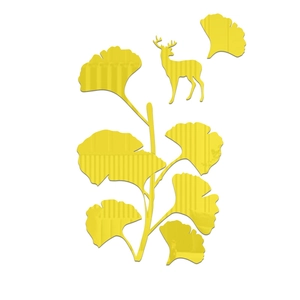 Detailed 3D mirror ginkgo leaves and deer wall decal with yellow acrylic reflection