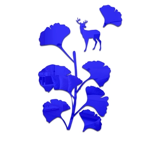3D acrylic mirror wall stickers featuring blue ginkgo leaves and a standing deer silhouette