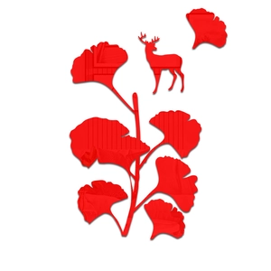Detail of red acrylic 3D mirror wall stickers showing ginkgo leaves and a deer motif