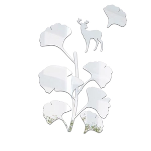 Detail of 3D mirror acrylic wall sticker featuring ginkgo leaves and deer silhouette