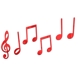 Detail showing 3D glossy red acrylic musical note wall stickers with reflective mirror finish