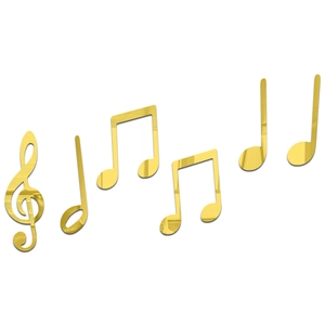 Macro detail of 3D gold mirror musical notes with high-gloss reflective acrylic surface