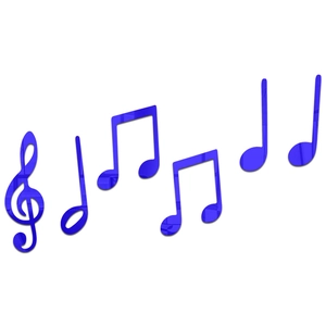 Close-up of bright blue 3D acrylic mirror music notes for studio wall decoration