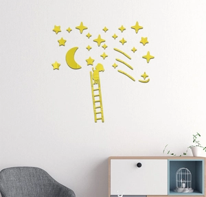 Golden acrylic mirror wall stickers featuring stars and moon for room decoration