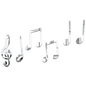 Detail of 6-piece silver acrylic music note wall stickers with 3D mirror finish