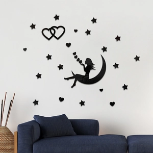 Detail of high-gloss 3D acrylic wall sticker with moon girl and heart patterns