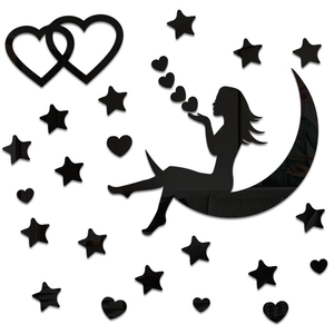 3D acrylic mirror wall sticker featuring girl on moon with hearts and stars decor