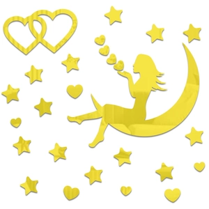 Detailed view of gold acrylic moon girl and star mirror wall stickers for DIY decor