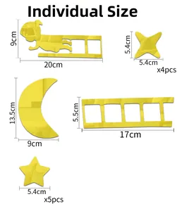 Size chart for yellow acrylic mirror wall stickers featuring moon and star shapes