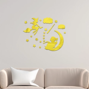 Detail of yellow acrylic mirror wall stickers featuring witch and fairy on white wall