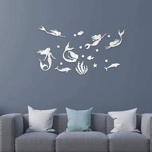 Adesivo Murale Specchio in Acrilico 3D Sirena Tema Oceano Delfino DIY Decalcomania Specchio Rimovibile per Camera Bambine