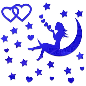 Blue mirrored acrylic 3D wall sticker set with moon woman silhouette and stars