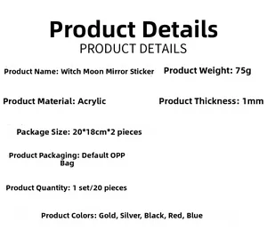 Specifications of witch moon acrylic mirror wall stickers showing size and weight details