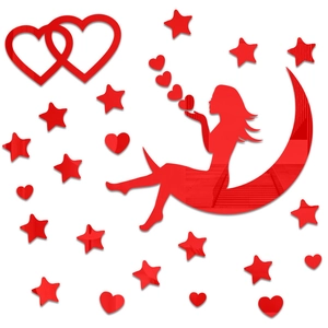 Macro view of red 3D acrylic mirror wall stickers featuring moon and star elements