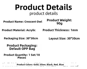 Détails du produit sticker mural hibou en acrylique 1mm, kit disponible en cinq couleurs