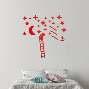 Red 3D acrylic mirror wall stickers with little girl climbing stars and moon layout