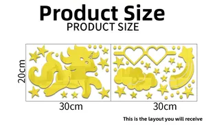 Detailed size chart for golden acrylic unicorn and cloud mirror wall stickers
