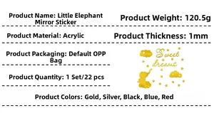Detail list of elephant acrylic mirror wall stickers with dimensions and material specs