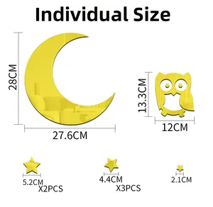 Vue détaillée des stickers muraux miroir hibou et lune 3D avec dimensions précises