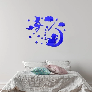 Blue 3D acrylic mirror wall stickers with moon and stars for kids' bedroom decor