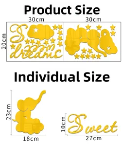 Detailed size chart for elephant mirror wall stickers showing dimensions in centimeters