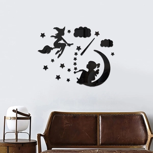 Black acrylic 3D mirror wall stickers featuring witch moon and star nursery decor