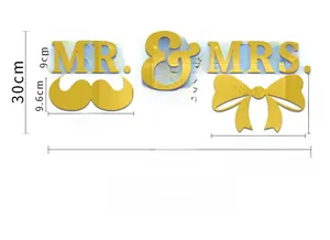 Detailed dimension guide for Mr & Mrs gold acrylic mirror wall stickers and decorative decals