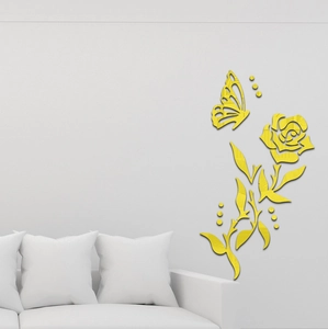 Detailed view of yellow 3D acrylic rose wall stickers with butterfly decor in a modern room