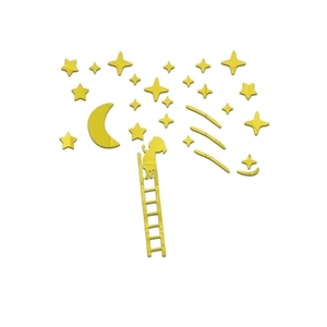Detail of yellow acrylic mirror wall stickers with moon and stars for girl room decor