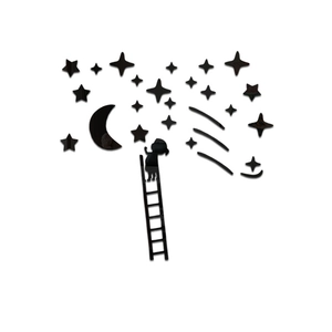 3D acrylic mirror wall stickers featuring a girl, moon and stars in wood grain finish